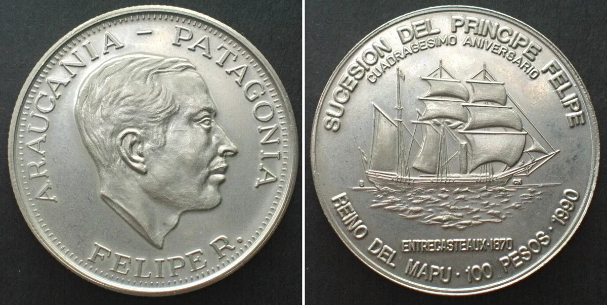1990 ARAUCANIA & PATAGONIA 100 Pesos 1990 Entecasteaux FELIPE nickel-silver RARE! Prooflike