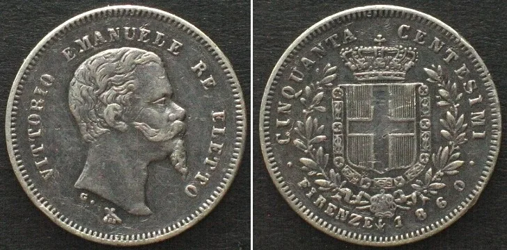 1860 Italy EMILIA 50 Centesimi 1860 Firenze VITTORIO EMANUELE II silver XF! EF