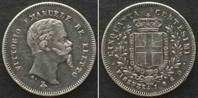 1860 Italy EMILIA 50 Centesimi 1860 Firenze VITTORIO EMANUELE II silver XF! EF