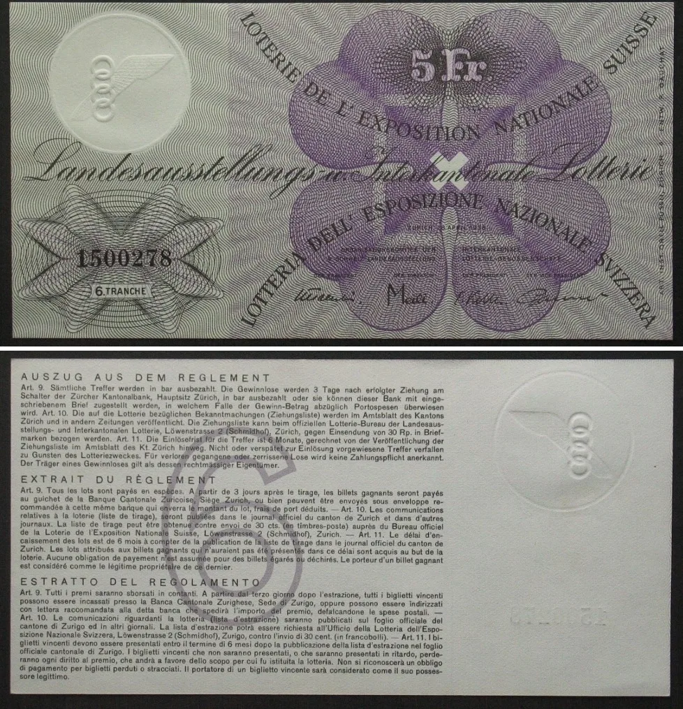 1938 Swisslos INTERKANTONALE LANDES-LOTTERIE - SPECIMEN 5 Francs 1938 RARE! UNC