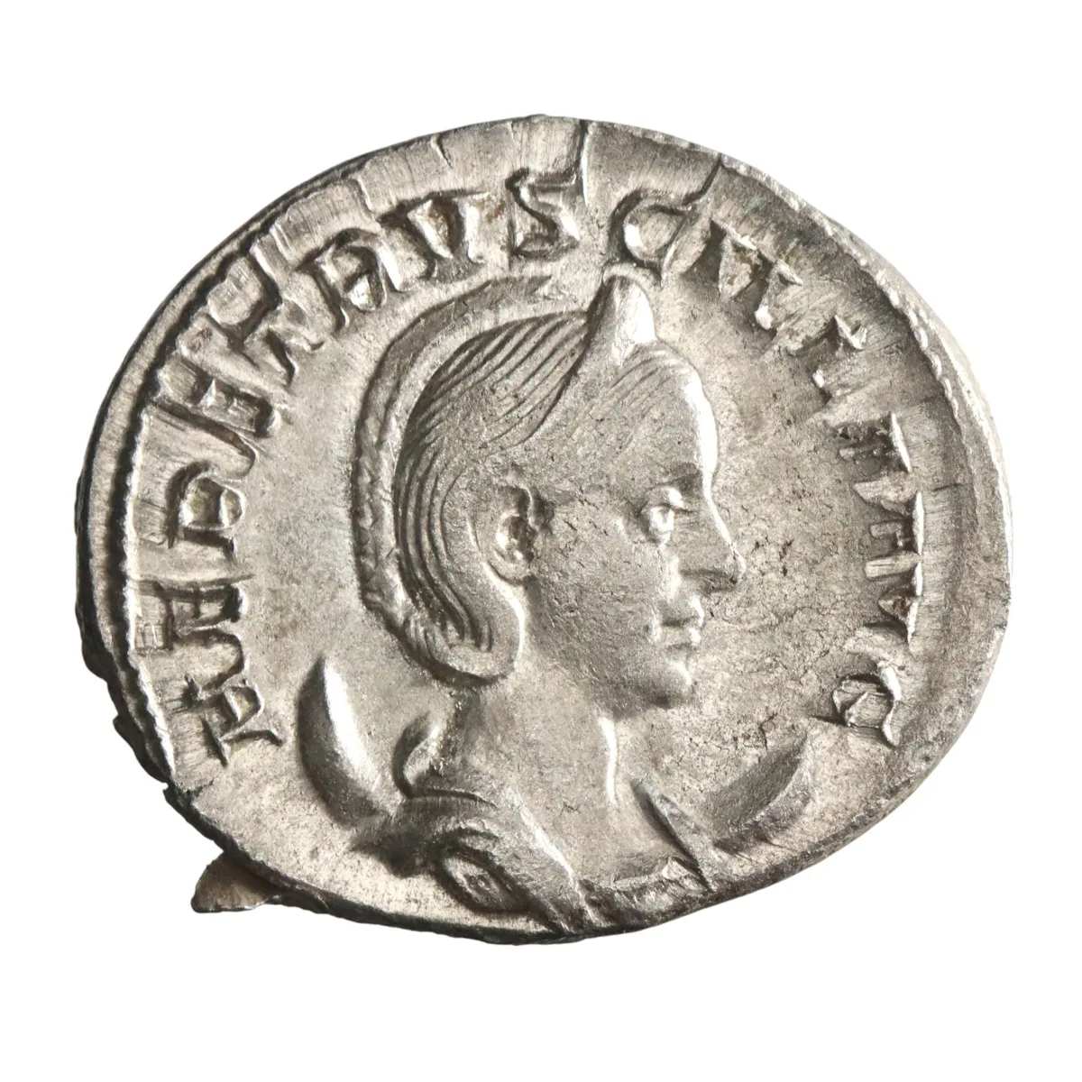 Roman: Herennia Etruscilla (249-251), silver antoninianus (4.07g), Rome mint, 249-251 CE. Diademed and draped bust on crescent / Pudicitia standing, holding sceptre and drawing veil from her face.