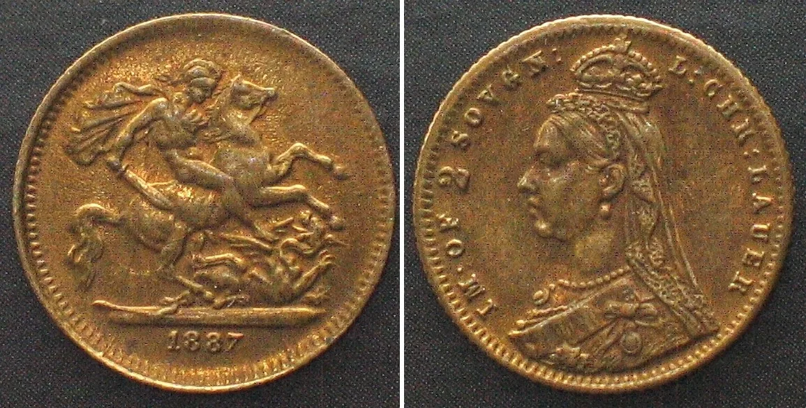 1887 GREAT BRITAIN. 2 Sovereigns 1887 Imitation, PLAY MONEY, brass 13mm by Lauer UNC-