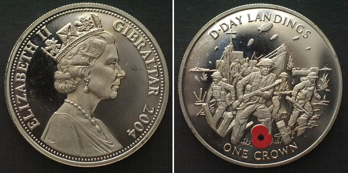 2004 GIBRALTAR 1 Crown 2004 D-DAY Landings-Coloured Poppy, Cu-Ni Proof