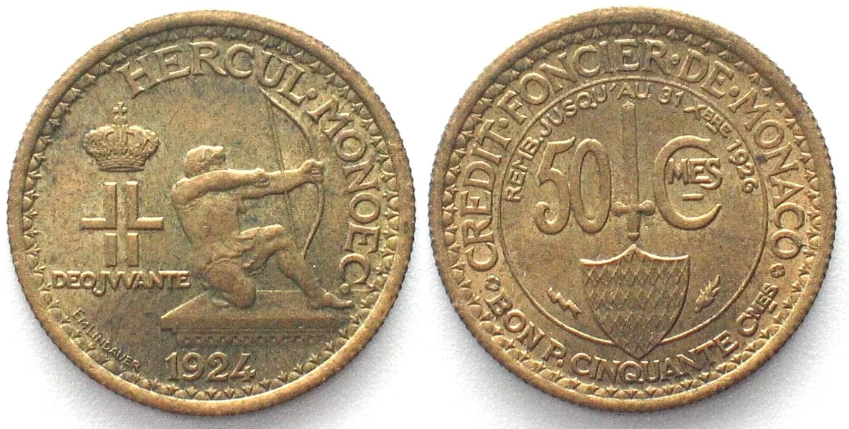 1924 MONACO. 50 centimes 1924 LOUIS II Alu-Bro UNC!!!