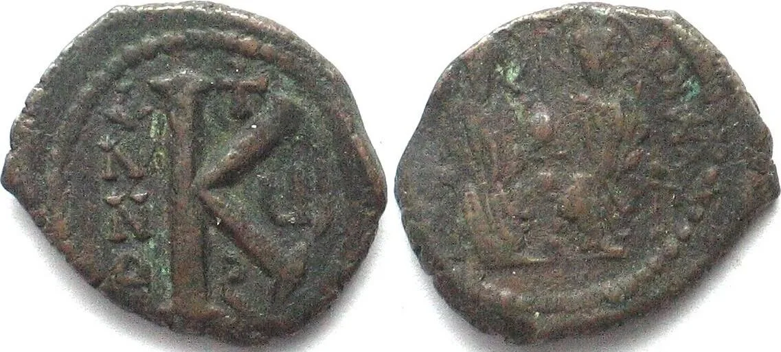 571-572 JUSTIN II (565-578). AE 20 Nummi, Half Follis, Yr. 7 (571/572) B, Constantinople VF