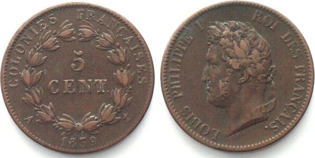 1839 FRENCH COLONIES. 5 Centimes 1839 A, LOUIS PHILIPPE, bronze, VF-XF VF-EF