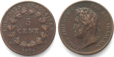 1839 FRENCH COLONIES. 5 Centimes 1839 A, LOUIS PHILIPPE, bronze, VF-XF VF-EF