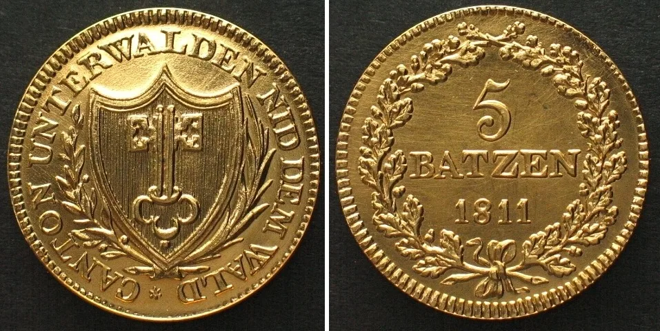 1811 Swiss NIDWALDEN 5 Batzen 1811, 700 YEARS CONFEDERATION silver gilt Restrike 1991 UNC