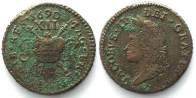 1690 IRELAND. Shilling 1690 June, JAMES II, Civil War, small size GUN MONEY brass AU! EF