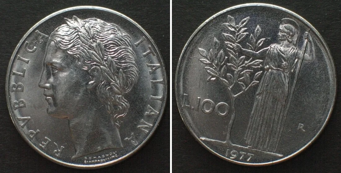 1977 ITALY. 100 Lire 1977, steel, die rotation mint error, UNC