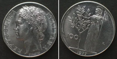 1977 ITALY. 100 Lire 1977, steel, die rotation mint error, UNC