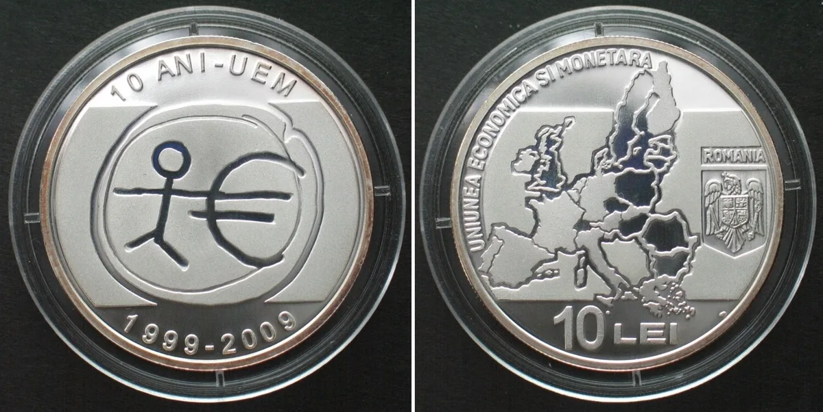 2009 ROMANIA 10 Lei 2009, European Monetary Union - 10th Anniversary, silver, SCARCE! Proof