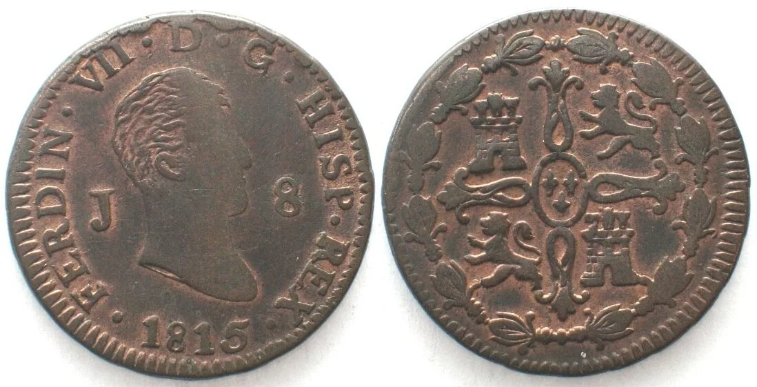 1815 SPAIN 8 Maravedis 1815 J Jubia mint FERNANDO VII copper XF! EF