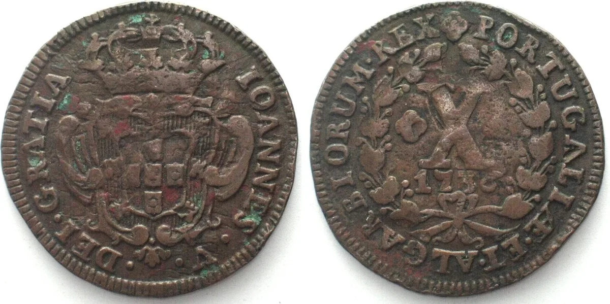 1736 PORTUGAL. 10 Reis 1736, JOHN V, copper VF+