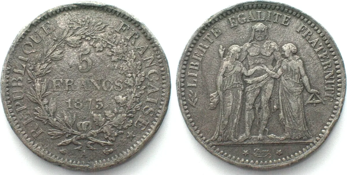 1873 FRANCE 5 Francs 1873 A, Contemporary counterfeit, lead/tin alloy EF