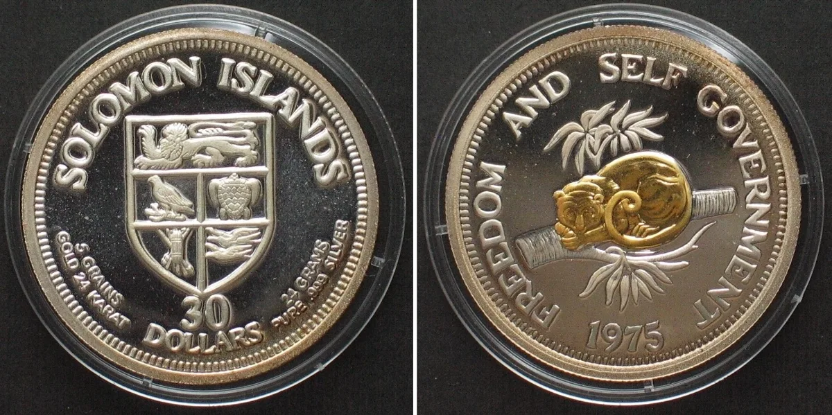 1975 SOLOMON ISLANDS 30 Dollars 1975 CUSCUS silver gold inlay Proof SCARCE! Proof