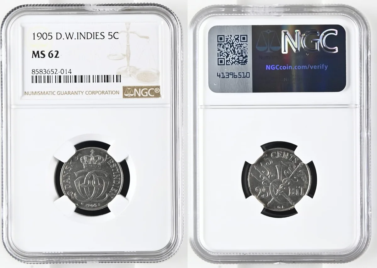 5C 1905 DANISH WEST INDIES. 5 Cents 1905 CHRISTIAN IX nickel NGC MS 62 NGC MS 62