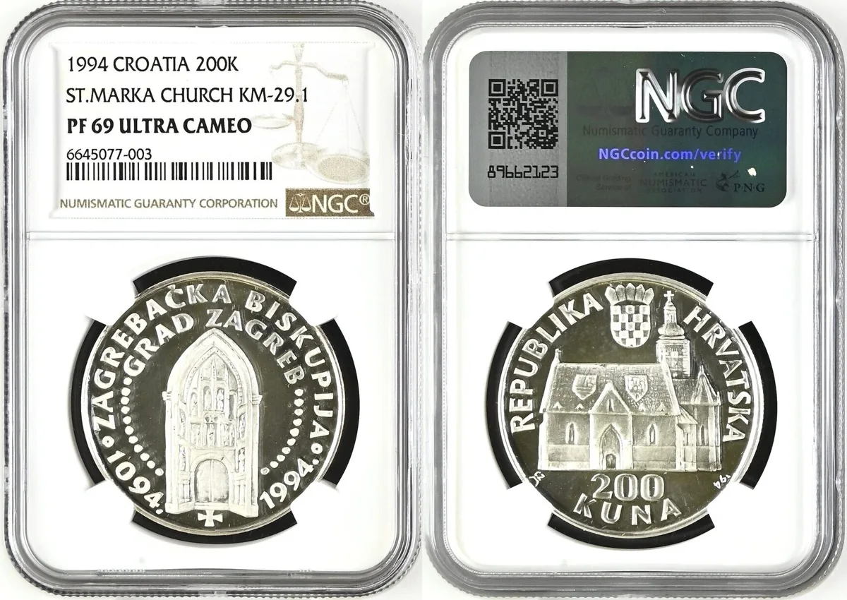 200K 1994 CROATIA. 200 Kuna 1994, St. Mark's Church, silver, NGC PF 69 UC NGC PF 69 ULTRA CAMEO