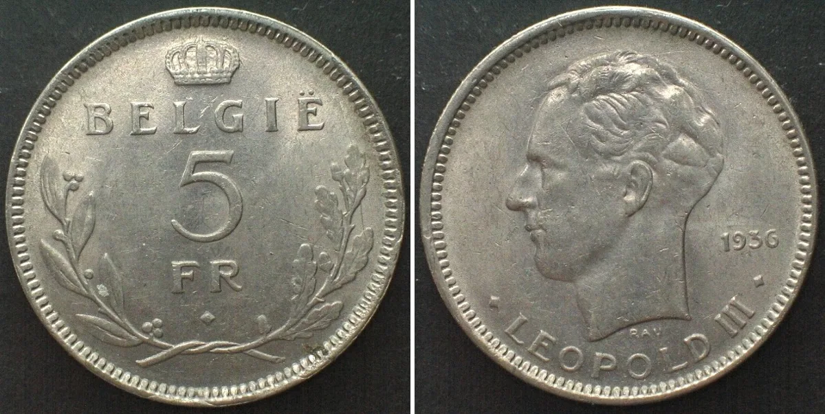 1936 BELGIUM 5 Francs 1936 BELGIE Pos. A LEOPOLD III nickel UNC-!