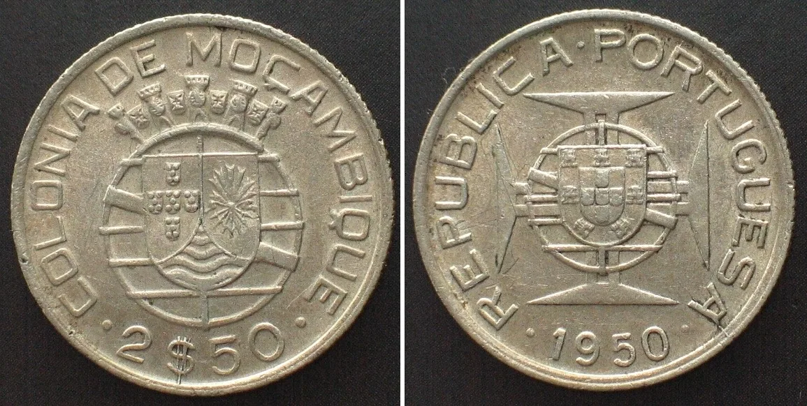 1950 PORTUGUESE MOZAMBIQUE. 2-1/2 Escudos 1950, silver, UNC-!