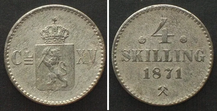 1871 NORWAY. 4 Skilling 1871, CARL XV of SWEDEN, silver, ONE YEAR TYPE! UNC-!