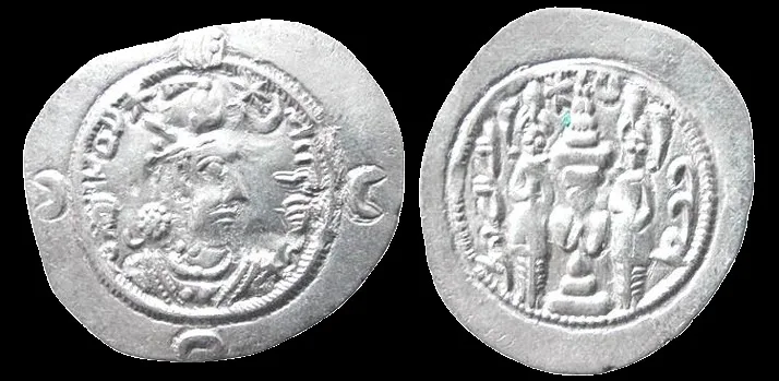 SASANIAN KING, Khosrau I. 528-579 AD (Struck 576/577 AD) AR 31mm X 28.3mm 4.0gm Drachm, (Istakhr) ST mint, EF