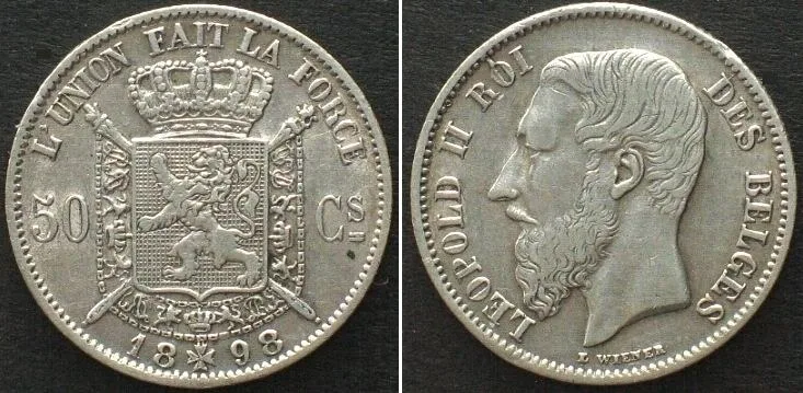 1898 BELGIUM 50 Centimes 1898 - DES BELGES - LEOPOLD II silver SCARCE DATE! AU!