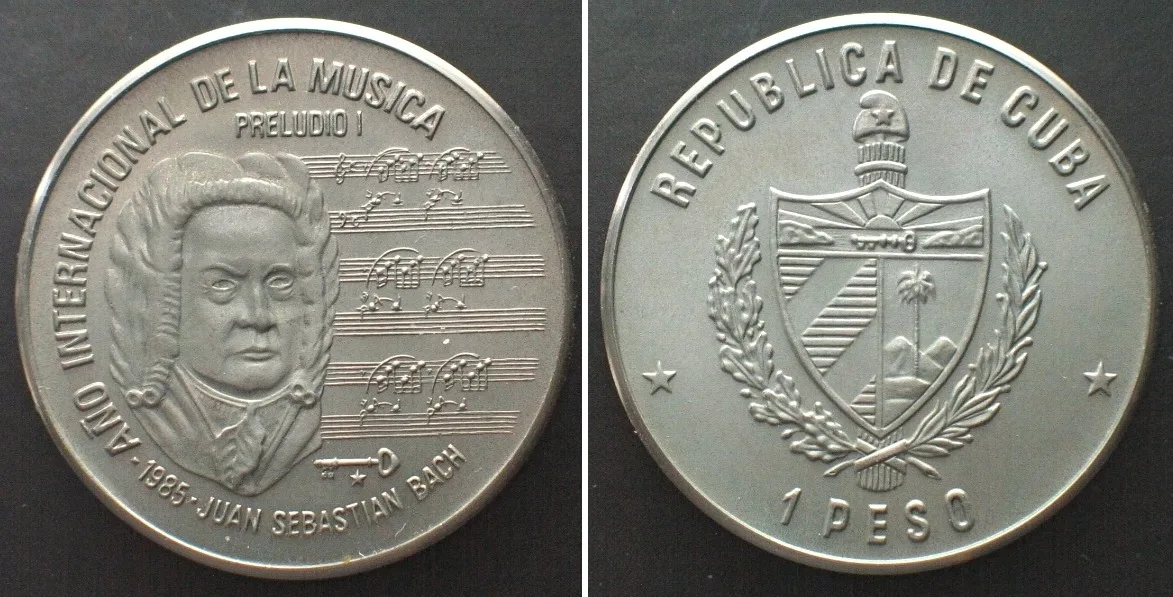 1985 CUBA 1 Peso 1985, International Year of Music, Bach, Cu-Ni, BU