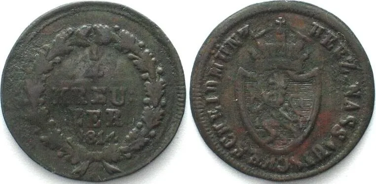 1814 German States NASSAU 1/4 Kreuzer 1814 copper VF+