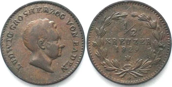 1829 German States BADEN. 1/2 Kreuzer 1829 LUDWIG copper VF+