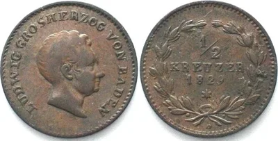 1829 German States BADEN. 1/2 Kreuzer 1829 LUDWIG copper VF+