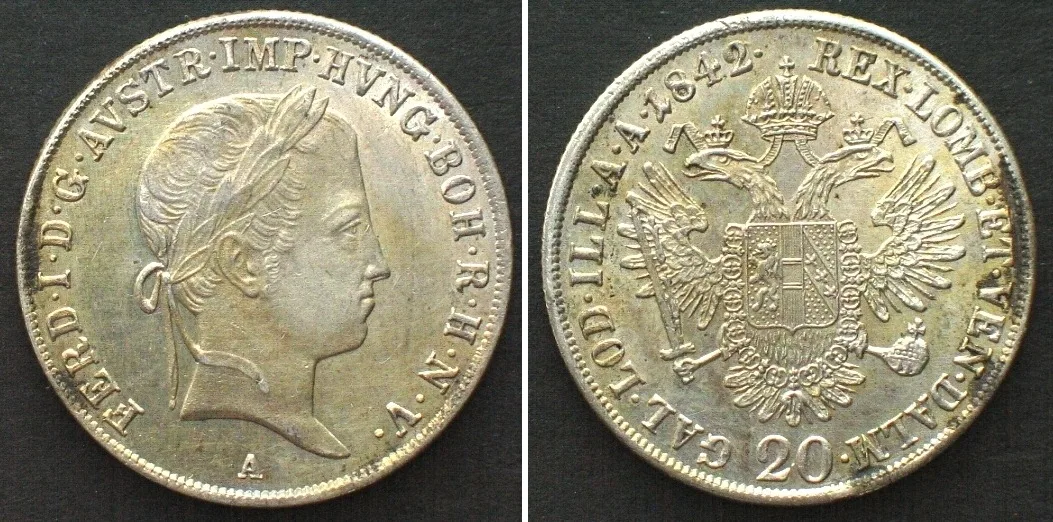 1842 AUSTRIA. 20 Kreuzer 1842 A, FERDINAND I silver Prooflike specimen Prooflike