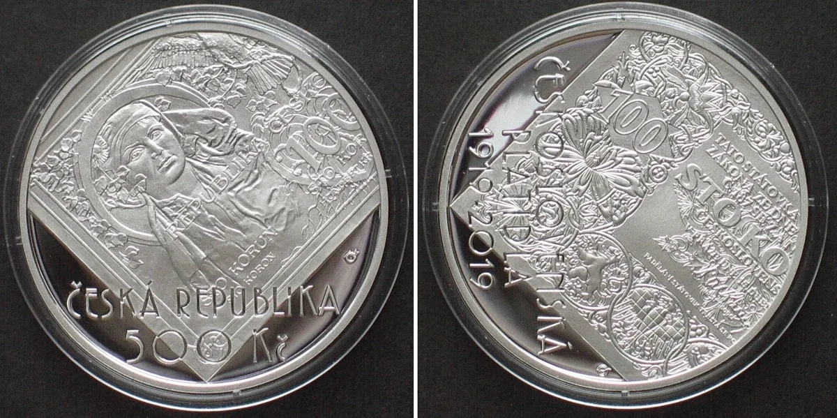 500 Kronen 2019 CZECH REPUBLIC. 500 Korun 2019, 100th Ann. Czechoslovak Money, silver, Proof