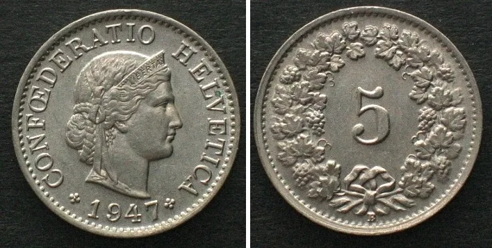 1947 SWITZERLAND 5 Rappen 1947 Cu-Ni UNC!