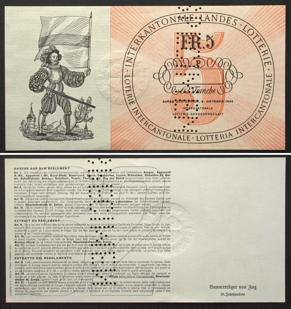 1944 Swisslos INTERKANTONALE LANDES-LOTTERIE - SPECIMEN 5 Francs 1944 RARE! UNC
