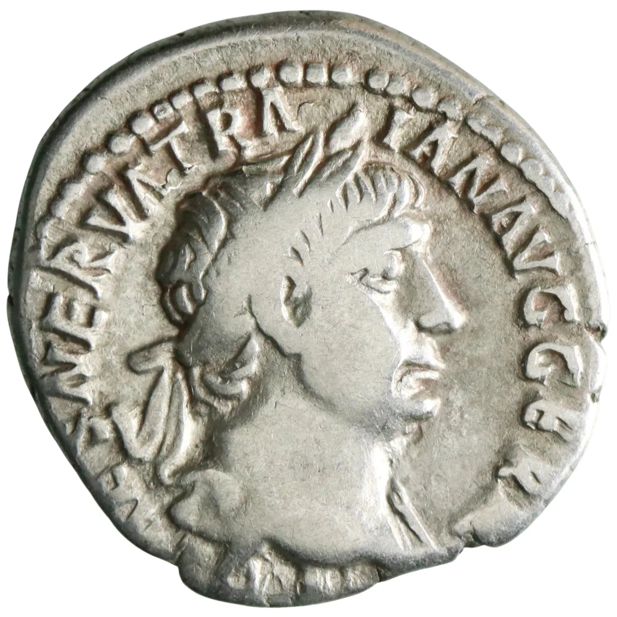 Roman: Trajan (98-117), silver denarius (3.26g), Rome mint, 101 CE. Hercules, nude, standing facing on pedestal with club, apple, and lionskin.