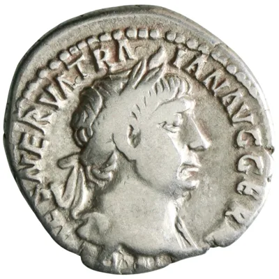 Roman: Trajan (98-117), silver denarius (3.26g), Rome mint, 101 CE. Hercules, nude, standing facing on pedestal with club, apple, and lionskin.