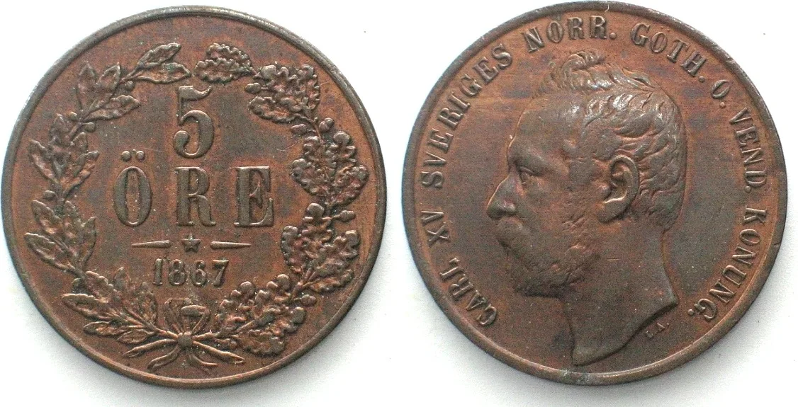 1867 SWEDEN. 5 Ore 1867 L.A., CARL XV, bronze AU!