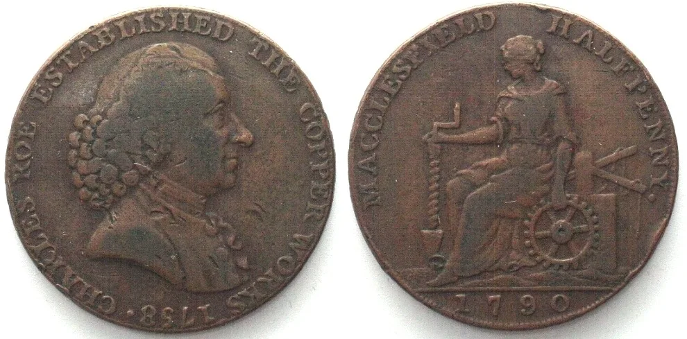 1790 CHESHIRE, Macclesfield. 1790 Half Penny Token CHARLES ROE copper VF+