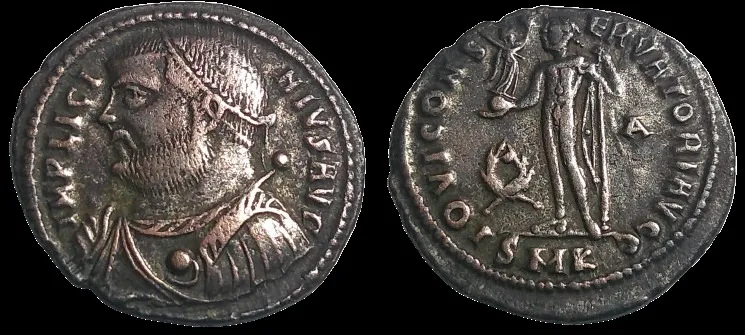 Roman LICINIUS I 308-324 AD (Struck 317-320 AD) Silvered AE 19mm 2.9gm Reduced Follis, Struck at Cyzicus, Toned, some silver remains, Scarce