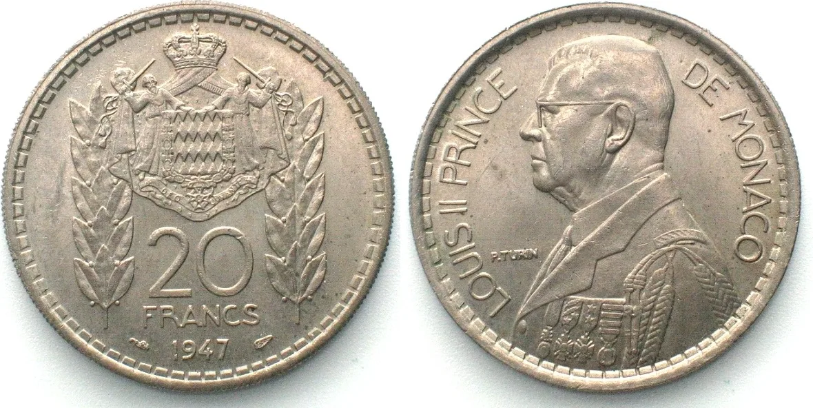 1947 MONACO 20 Francs 1947 LOUIS II Cu-Ni UNC!