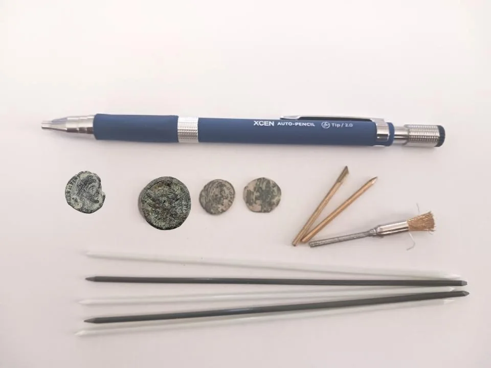 Conservator Pencil, FULL Set -1 Pencils, 8 Tips, 4 uncleaned roman coins