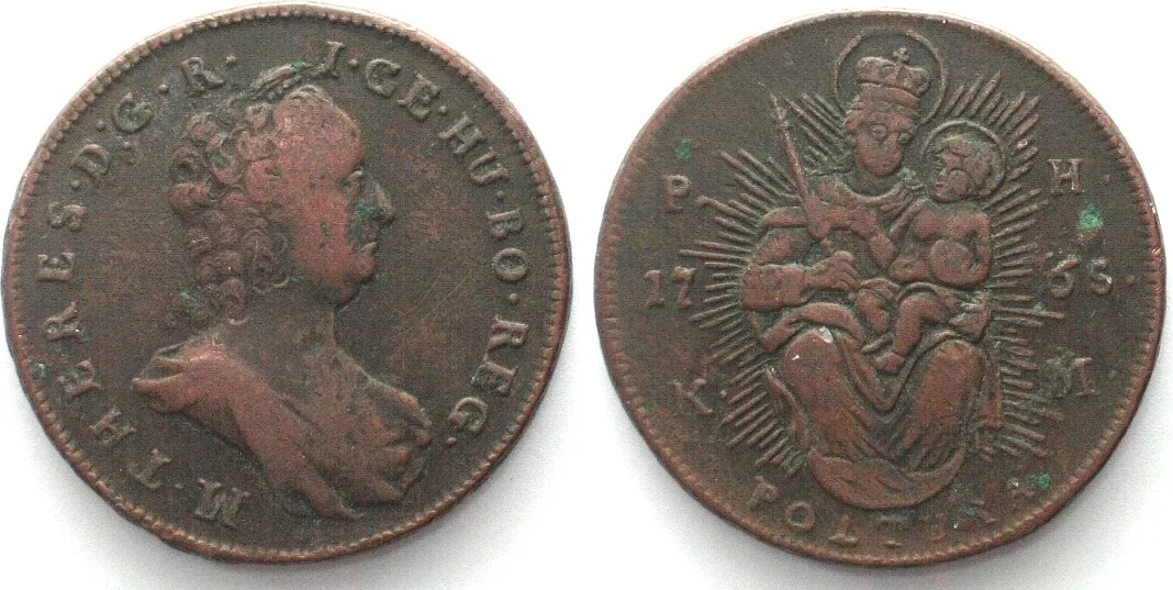 1765 HUNGARY Poltura 1765 PH-KM, MARIA THERESIA, Madonna, copper, VF-XF VF-EF