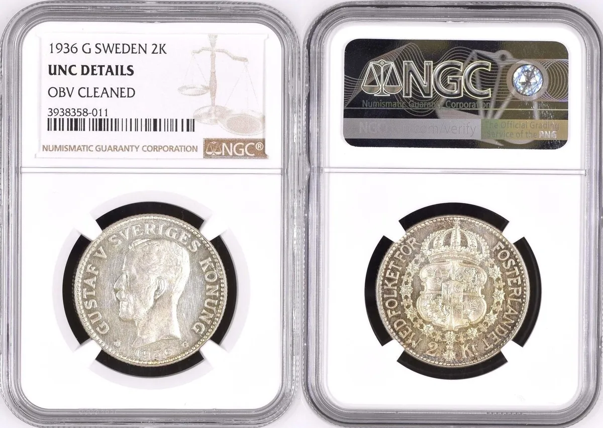2K 1936 G SWEDEN 2 Kronor 1936 GUSTAF V silver PROOF - VERY RARE! NGC UNC Details