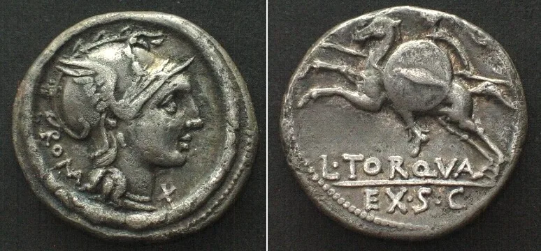 -113/-112 L. TORQUATUS, 113-112 BC, AR Denarius ROMA rider on horseback, VF+