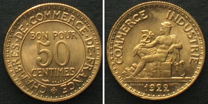 1922 FRANCE. 50 Centimes 1922, Al-Bro, UNC!