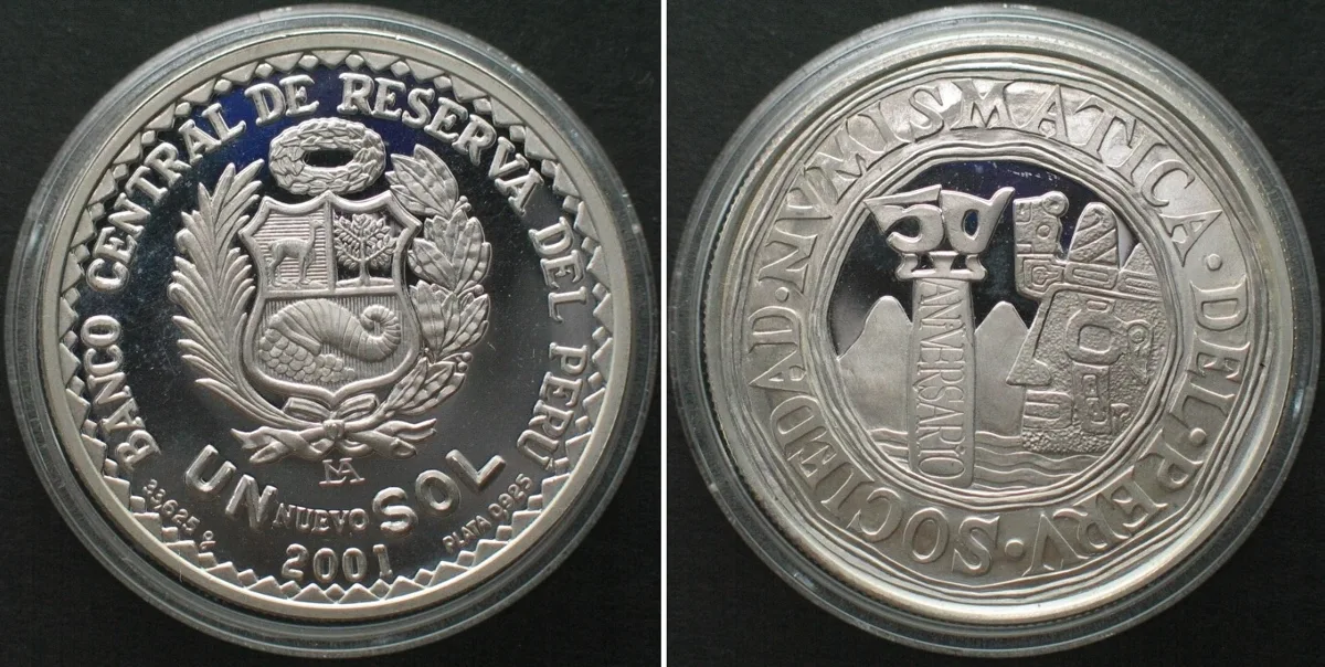 2001 PERU Nuevo Sol 2001, 50TH ANN. OF NUMISMATIC SOCIETY silver Proof RARE! Proof