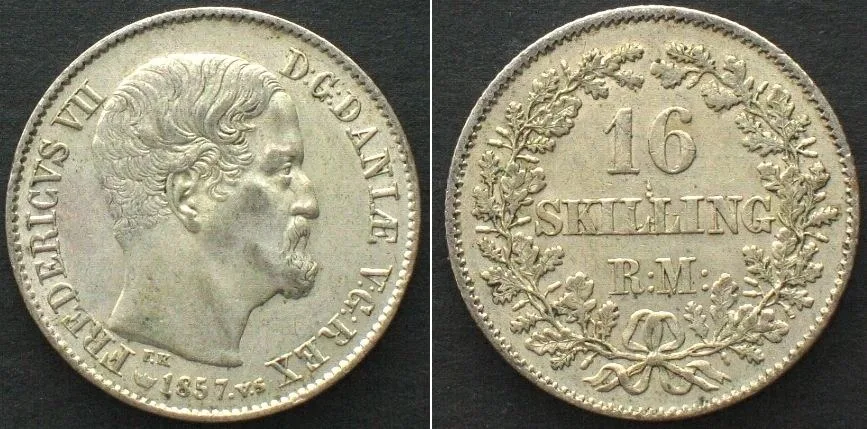 1857 DENMARK. 16 Skilling Rigsmont 1857, FREDERIK VII silver AU!