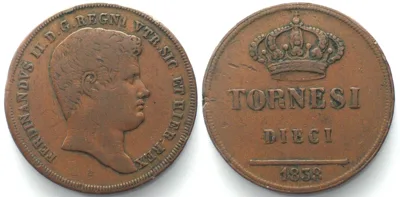 1838 Italian States NAPLES 10 Tornesi 1838 FERDINANDO II copper VF+ SCARCE! VF+