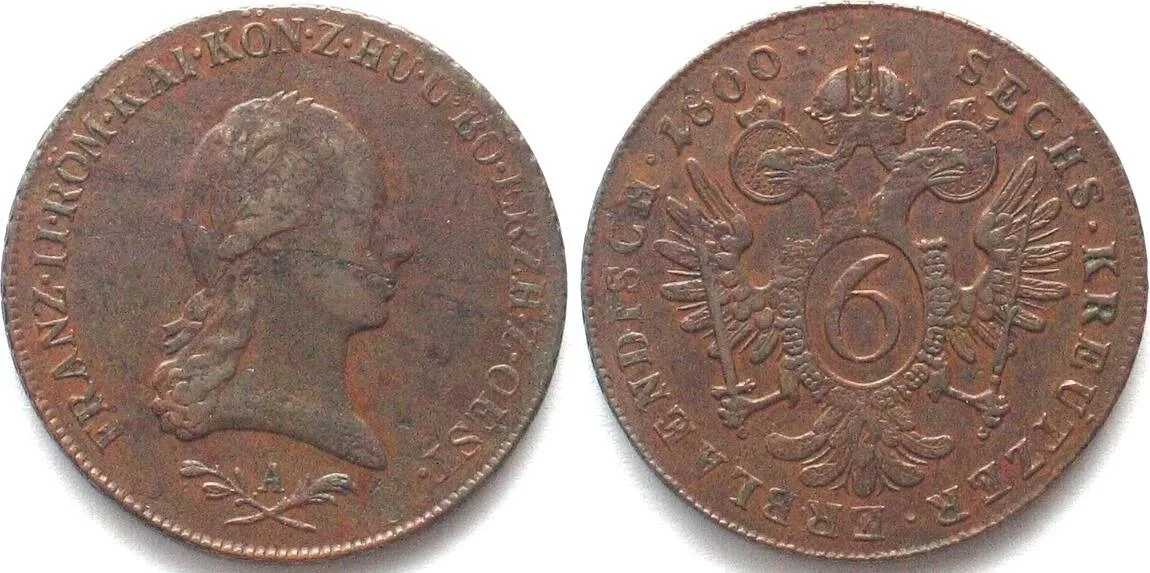 1800 AUSTRIA 6 Kreuzer 1800 A Vienna mint FRANZ II copper XF! EF
